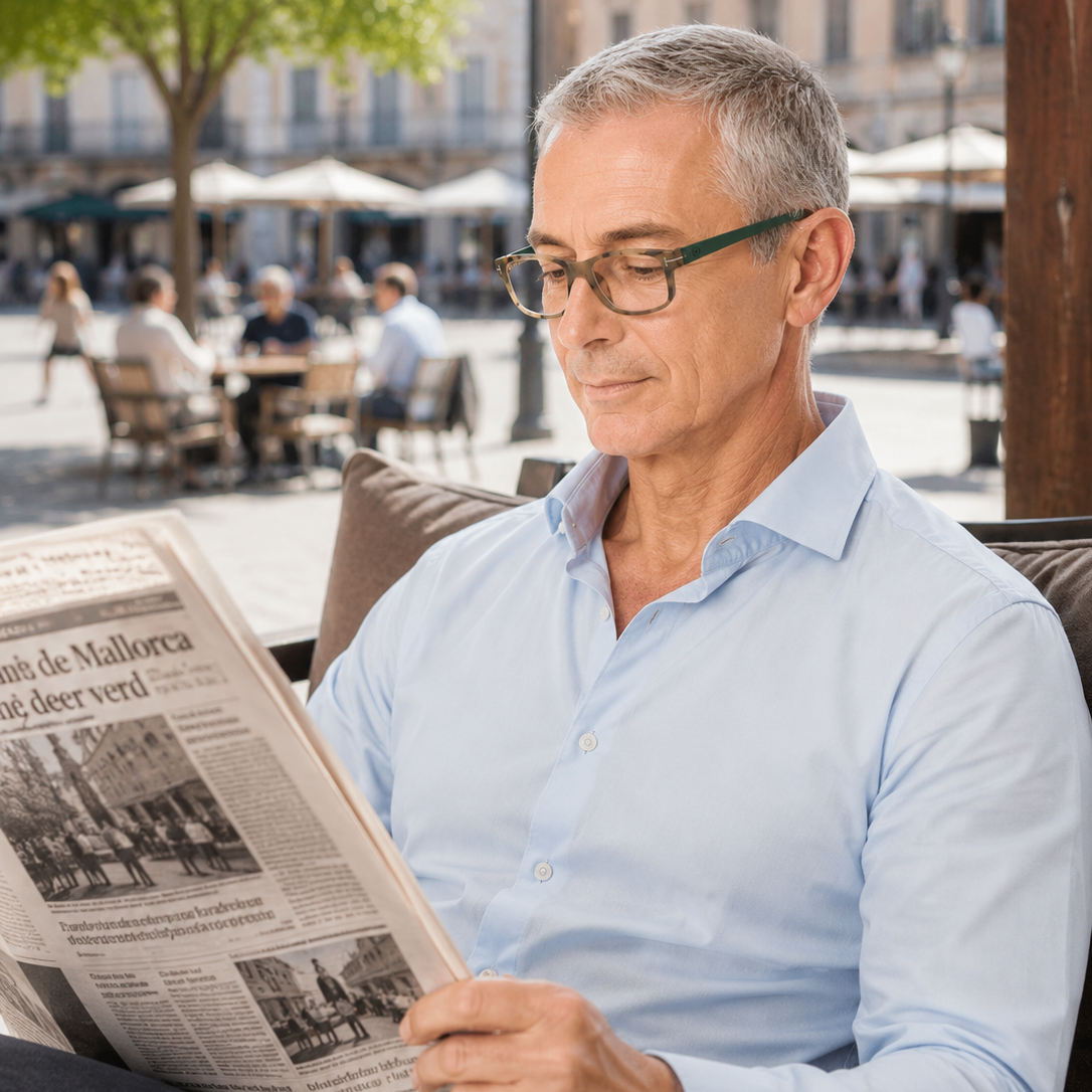 Man reading a newspaper while wearing modern reading glasses