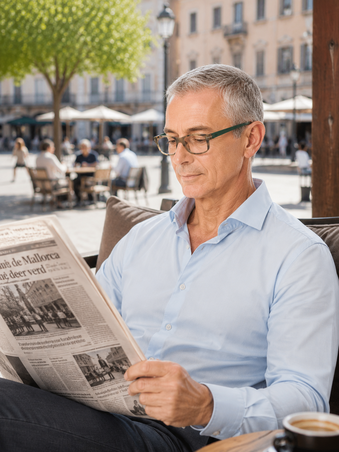 Man reading a newspaper while wearing modern reading glasses